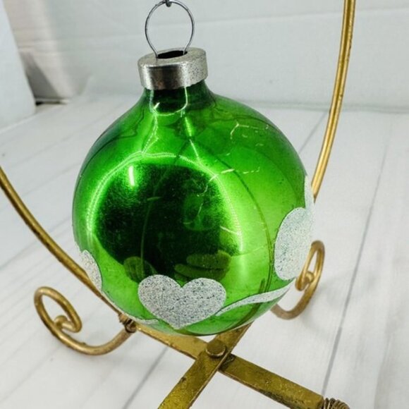 Christmas Tree Ornament Blown Glass Round Mica Hearts Green Ball 3" - Picture 5 of 16